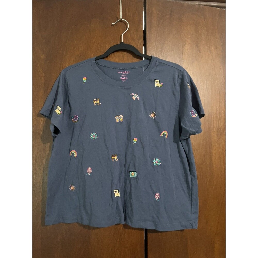Natural Life Fave Little Things Embroidered Cotton T-Shirt Blue L